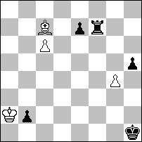 (nie 1 Kd8, ponieważ białe wygrywają na dwa sposoby: 2.Kb7 e6 3.K:b8 Kd7+ 4.Ka7 b5 5.Hf6 b4 6.Hf1 +- lub 2.Hh3 e6 3.Hh4+ Ke8 4.Hf6 b5 5.b4 i dalej jak w głównym wariancie; 1 f6 2.Hh5+ Kd8 3.Hf5!