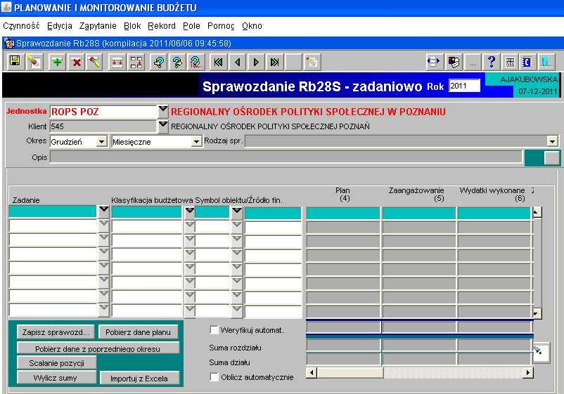 5. Sprawozdanie Rb-28S sprawozdanie z wykonania planu wydatków budżetowych samorządowej jednostki budżetowej/ jednostki samorządu terytorialnego Obraz ekranu 10 Sprawozdanie jednostkowe Rb-28S 1) W