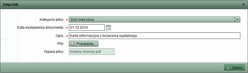 Tak zapisany załącznik zostanie przypisany do pacjenta i będzie widoczny na liście w oknie jak poniżej. Rys.