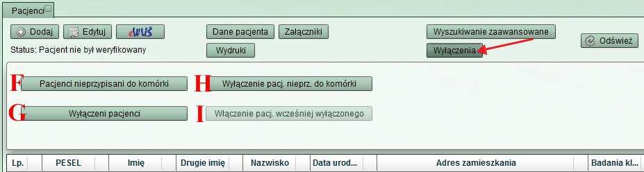 W celu podglądu danych żądanego pacjenta, należy otworzyć widok Pacjenci z menu Przyjęcia i wizyty, następnie wybrać żądanego pacjenta z lisy poprzez kliknięcie wiersza z jego danymi albo wyszukać go