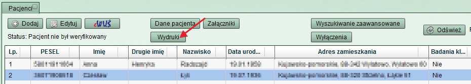 4. Wydruki na pacjenta Po wcześniejszym zdefiniowaniu istnieje możliwość dokonywania wydruków dotyczących wybranego pacjenta.