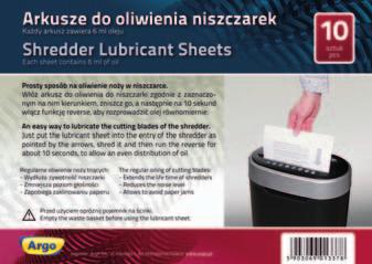 URZĄDZENIA niszczarki 01 ARKUSZE DO OLIWIENIA NISZCZAREK wystarczy włożyć arkusz do oliwienia do niszczarki zgodnie z zaznaczonym na nim kierunkiem, zniszczyć go, a następnie