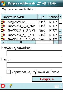 ustawienie systemu operacyjnego z modemem GSM, parametry aplikacji do odbierania poprawek korekcyjnych).