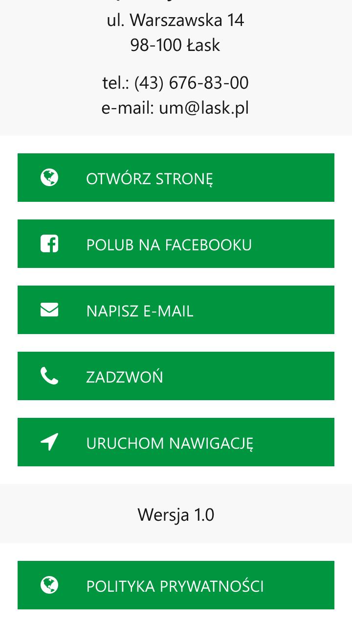 pl, przejście do profilu na Facebooku, rozpoczęcie pisania wiadomości e-mail, wybranie numeru telefonu, uruchomienie nawigacji do budynku urzędu.