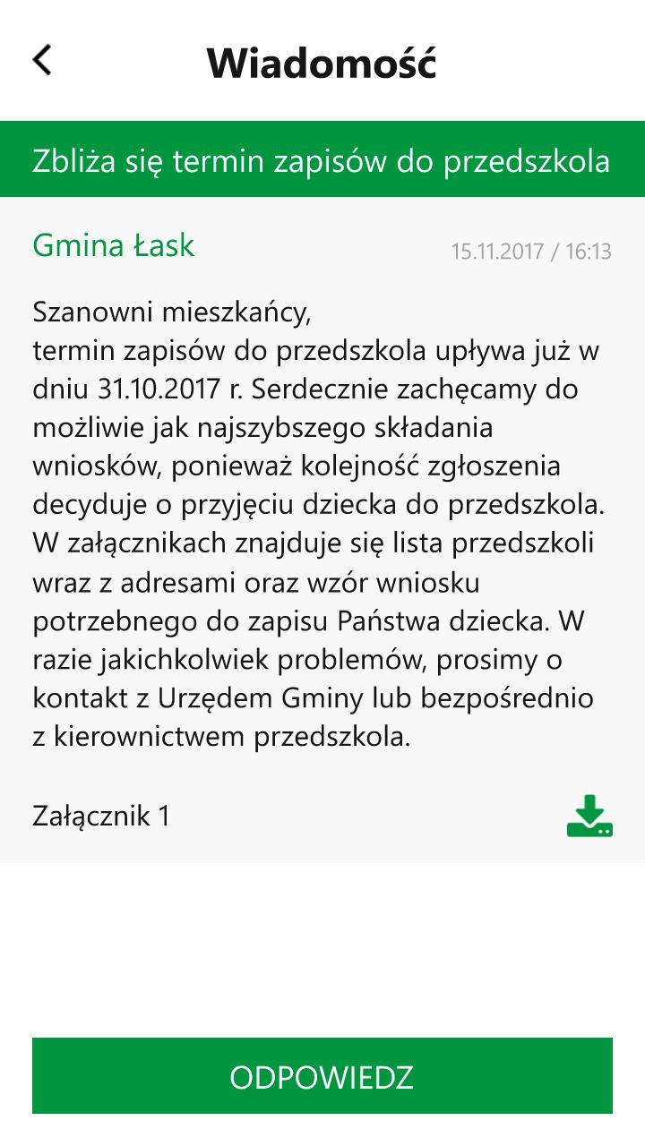 Szczegóły wiadomości Po wybraniu konkretnej wiadomości wyświetlana jest historia konwersacji, zawierająca zarówno wiadomości wysłane przez Gminę Łask, jak i przez użytkownika aplikacji mobilnej.