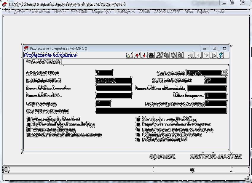 Kod bezpieczeństwa z poziomu programu TITAN Aby wejść do poniższego okna należy otworzyć zakładkę Advisor MASTER Komunikacja Przyłączenie komputera.