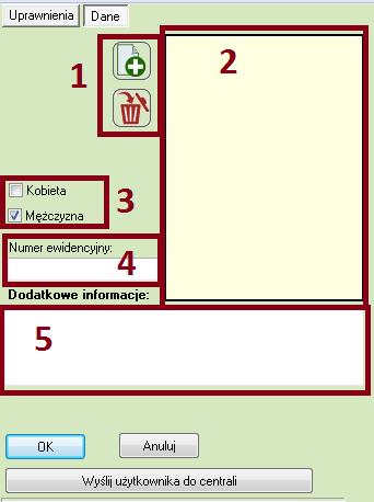 Opcje zarządzania Użytkownikami [5]: Nowy umożliwia dodanie nowego Użytkownika- wybranie tej opcji aktywuje pola z danymi Użytkownika, dając możliwość ich edycji; Edytuj po wybraniu Użytkownika z