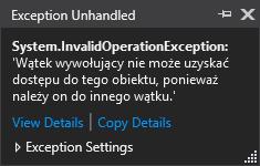 Wątki w WPF Czwarta wersja (włączamy STA) Thread wateklicz = new Thread(liczydloNiebezpieczne2); wateklicz.