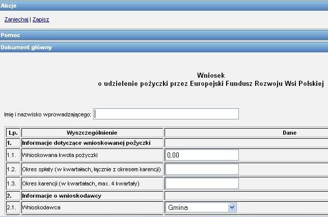 Następnie ukaże nam się ekran główny wniosku: Wnioskodawca wypełnia