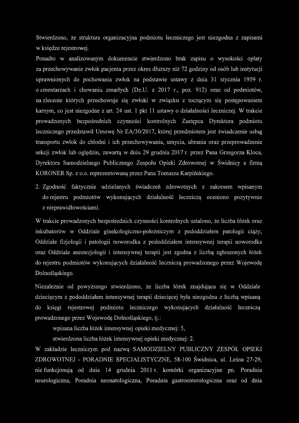 zwłok na podstawie ustawy z dnia 31 stycznia 1959 r. o cmentarzach i chowaniu zmarłych (Dz.U. z 2017 r., poz.