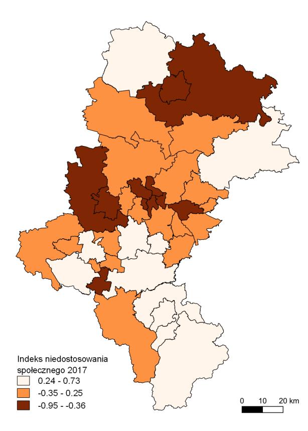 Mapa 11. Indeks niedostosowania społecznego w powiatach województwa śląskiego w 2017 r.
