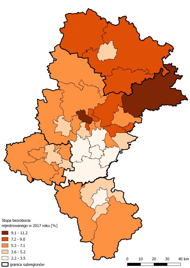 Mapa 17. Stopa bezrobocia rejestrowanego w województwie śląskim w 2017 r. Źródło: opracowanie własne na podstawie Banku Danych Lokalnych GUS. 87 bezrobotnych odnotowano w Sosnowcu (5,7 tys.