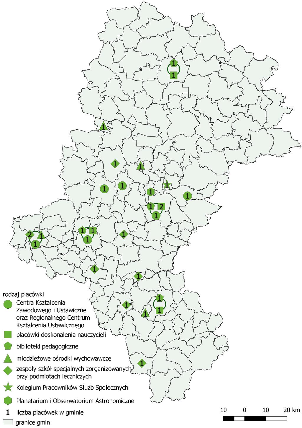 Mapa 19. Placówki edukacyjne w województwie śląskim. Źródło: opracowanie własne.