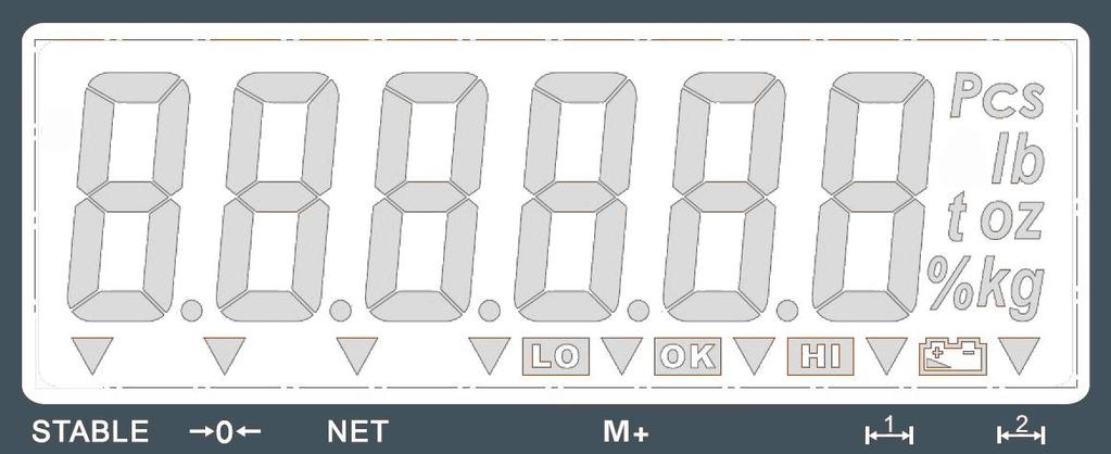 Widok wyświetlacza Symbole wyświetlacza : Waga znajduje się w pozycji zerowej STABLE : Waga znajduje się w pozycji stabilnej (brak