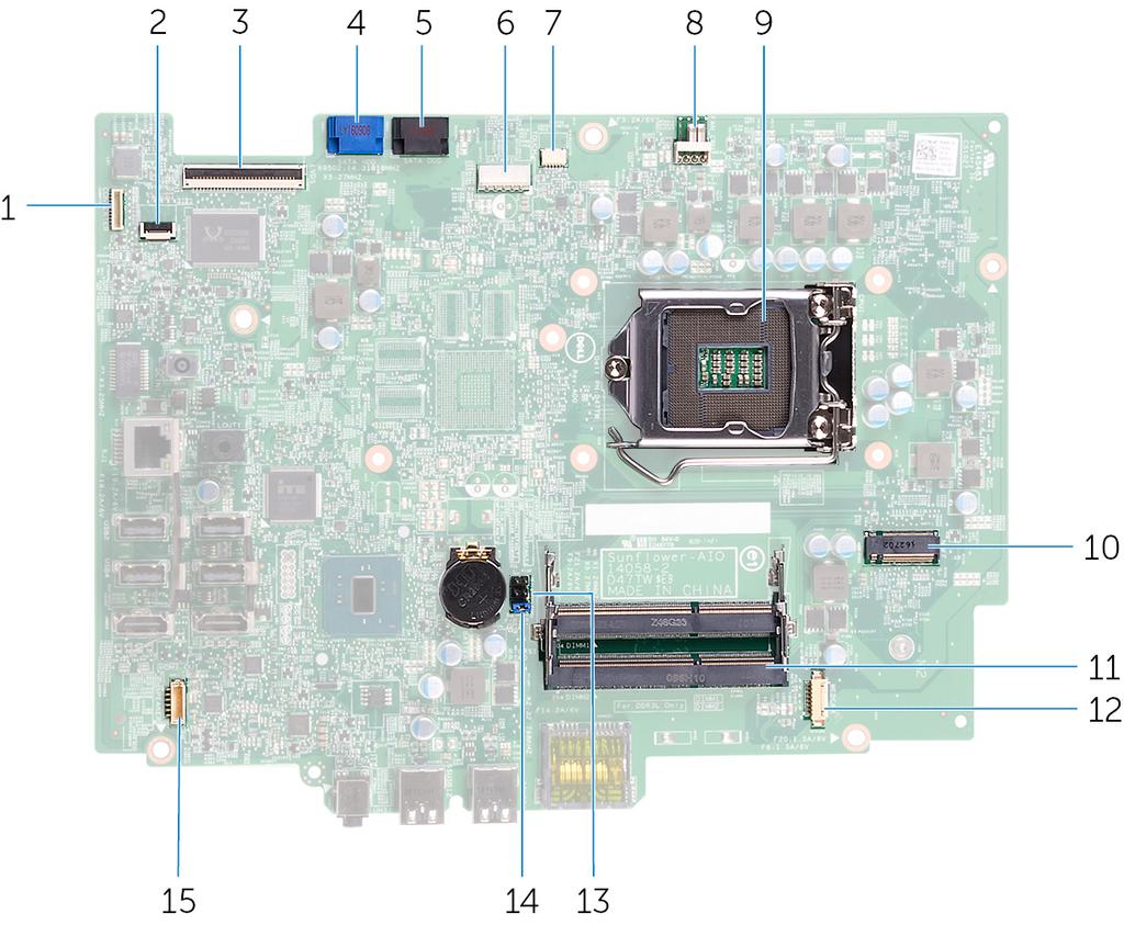 GUID-10780793-CEA7-4C74-9763-8F42F335BD8B Elementy płyty systemowej 1 złącze kabla podświetlenia ekranu 2 złącze kabla płyty przycisków sterujących 3 złącze kabla wyświetlacza 4 złącze kabla danych