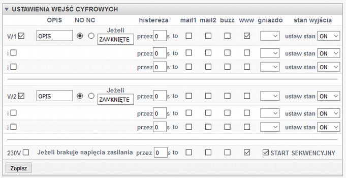 DAP (Down After Power UP): Ta funkcja działa tylko w trybie ręcznym w przypadku utraty napięcia zasilania i jego powrotu, ustala stan gniazd wyjściowych w pozycji OFF (funkcja używana przeważnie do