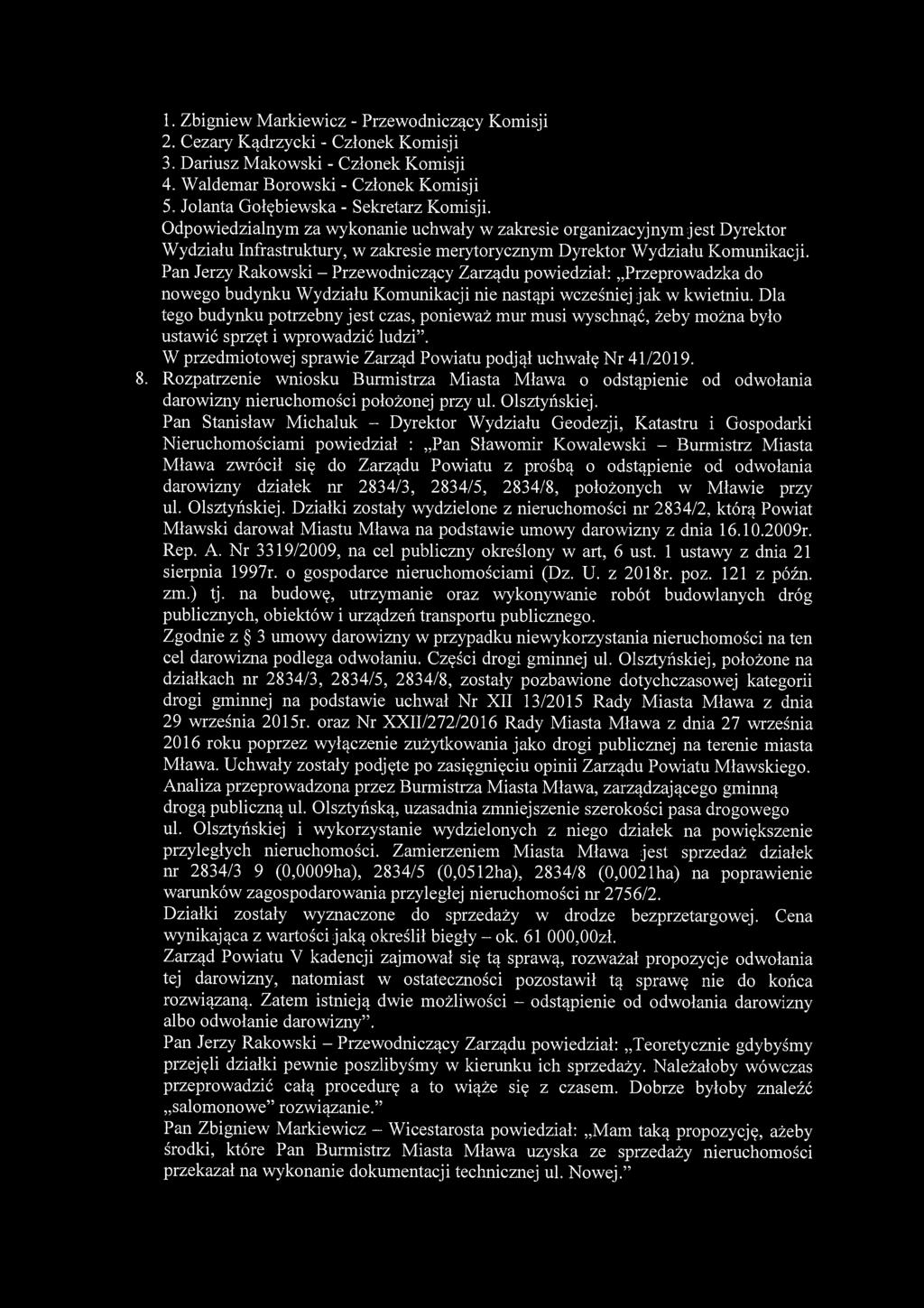 1. Zbigniew Markiewicz - Przewodniczący Komisji 2. Cezary Kądrzycki - Członek Komisji 3. Dariusz Makowski - Członek Komisji 4. Waldemar Borowski - Członek Komisji 5.