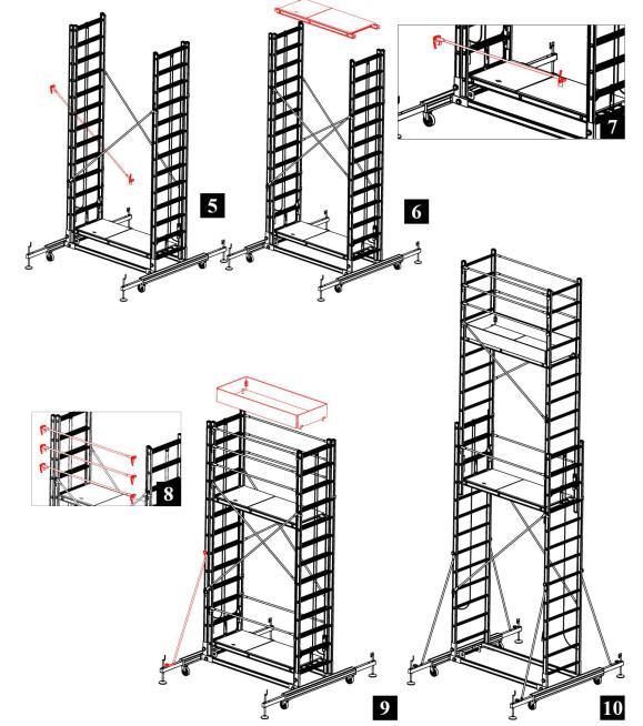 (Ryc. 5) Zamocuj i zablokuj stężenia (2x205 cm) po obu stronach za pomocą systemu Q-Lock w otworach szczebli wąskich drabin wysuwanych (szósty szczebel z dziesiątym). (Ryc.