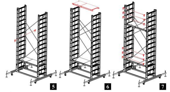 (Ryc. 5) Zamocuj i zablokuj krótkie stężenia ukośne (2x205 cm) z obu stron za pomocą systemu Q-Lock w otworach szczebli wąskich drabin wysuwanych (ósmy z