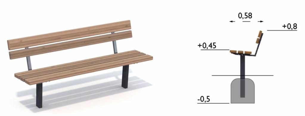 Ławka z oparciem Wymiary (wys/szer/dług) 0,8 x 0,58 x 1,76 m Siedzisko i oparcie wykonane z impregnowanej ciśnieniowo sosny. Grubość desek 45 mm.