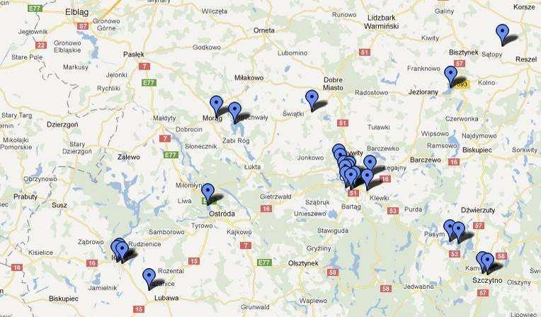 Mapa 1. Rozmieszczenie kontrolowanych obiektów na Pojezierzu Mazurskim (część zachodnia). Mapa 2.
