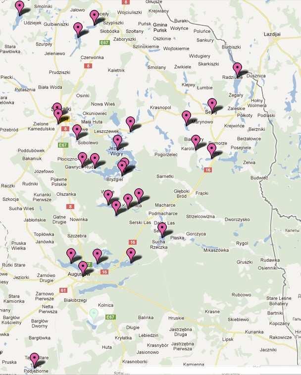 Tajno, Tobołowo, Wigry, odcinki miejskie akwenów i cieków wodnych w Augustowie, Sejnach i Suwałkach, oraz Ŝwirowni koło Sobolewa z przylegającym do niej wysypiskiem śmieci. Mapa 3.