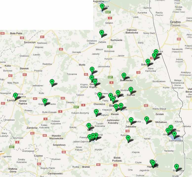 Białostocka, Hajnówka, Pietkowo, Siemiatycze, Sokółka, Supraśl, Topolany, Wasilków i Zabłudów.
