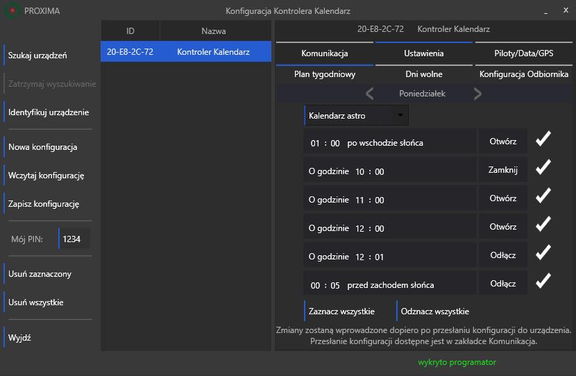Jeżeli wprowadzony PIN jest poprawny, zostaną wyświetlone aktualne ustawienia naszego KONTROLERA Ustawienia Plan tygodniowy.