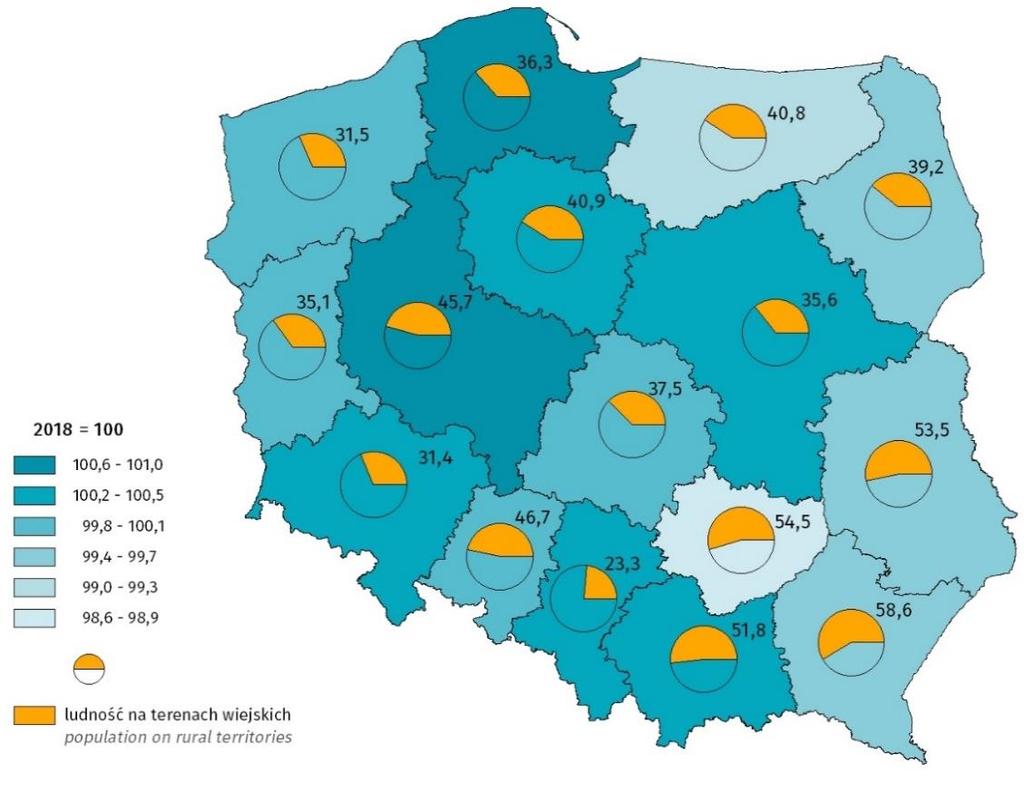 Mapa 2. Przyrost lub ubytek ludności na terenach wiejskich (2018 = 100) i procent ludności zamieszkującej tereny wiejskie w ogólnej liczbie mieszkańców w województwie. Map 2.