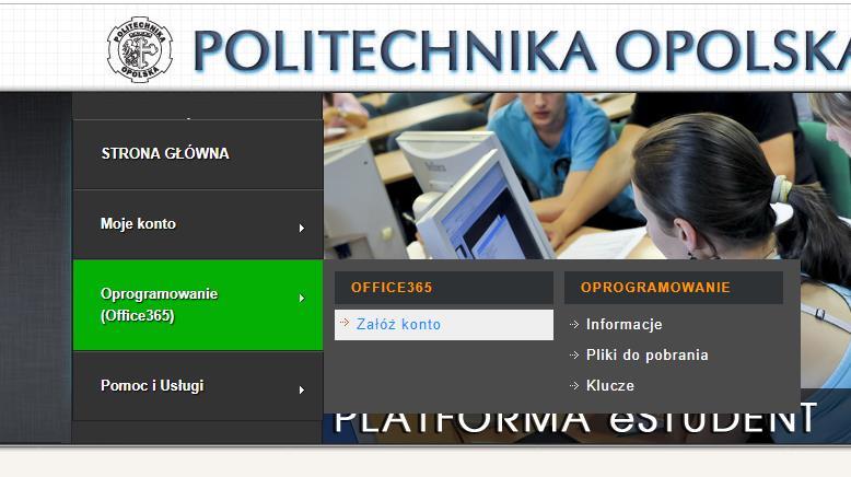 Krok Po zalogowaniu się do portalu estudent załóż konto pocztowe w domenie @student.po.edu.pl, w usłudze Office 365.