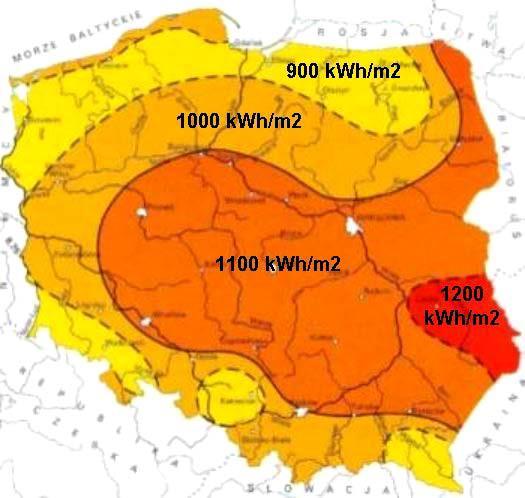 Rysunek 21.Mapa nasłonecznienia Polski źródło: cire.pl Gmina Krzęcin zlokalizowana jest w strefie gdzie średnioroczna suma promieniowania słonecznego wynosi 1000 kwh/m 2.