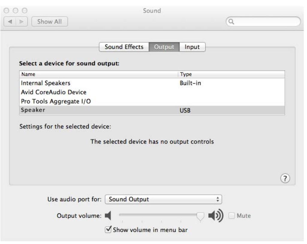 Obsługa Komputery MAC (bez sterownika) 1. Przejdź do Preferencje systemowe, kliknij Dźwięk i ustaw Głośnik na USB. Ustaw regulator głośności na Maximum. Uwaga!