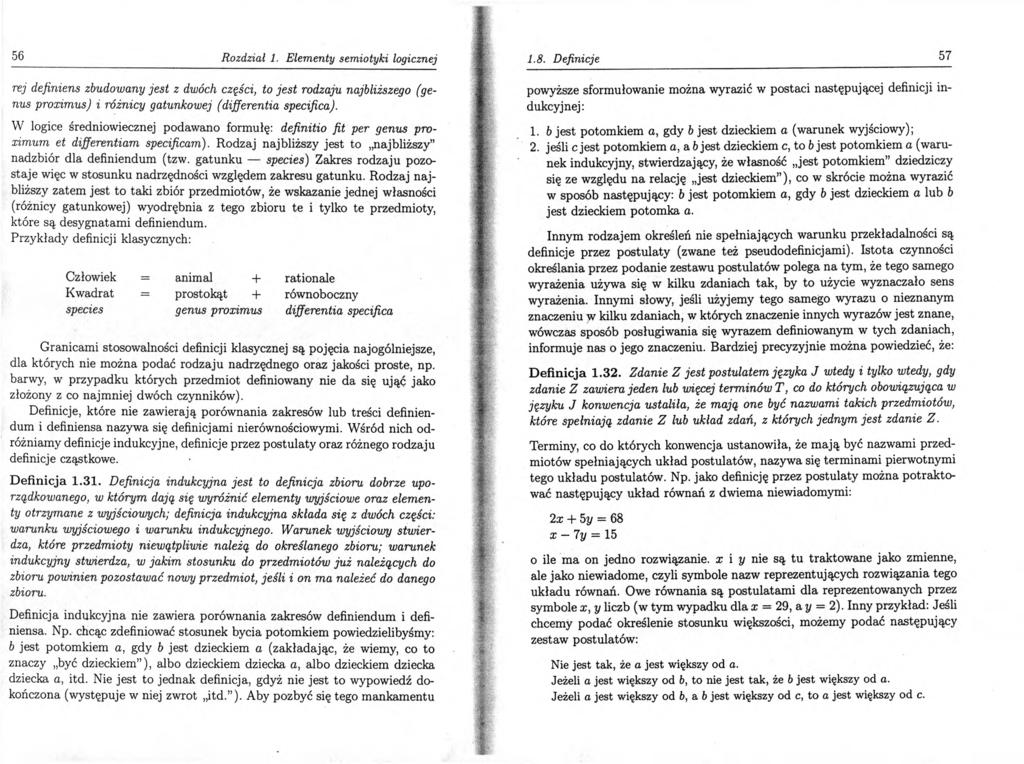 56 Rozdział 1. Elementy semiotyki logicznej rej definiens zbudowany jest z dwóch części, to jest rodzaju najbliższego (genus proximus) i różnicy gatunkowej (differentia specifica).