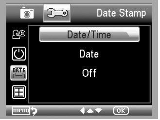5.2.3 Datownik 1) Z głównego menu 2 wybierz Datownik, aby wejść do następującego menu: 2) Wybierz Datę / Czas, Datę lub wyłączenie Data / godzina: zarówno data, jak i godzina zostaną zaznaczone na