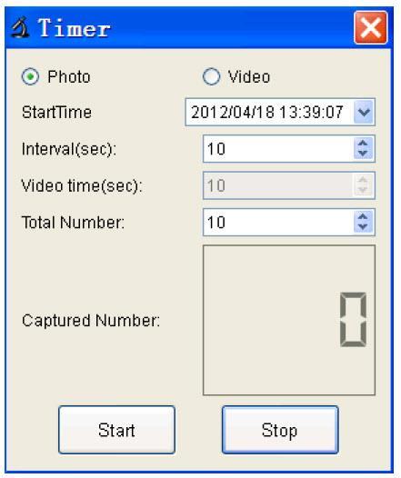 * W obszarze Zdjęcie timera można ustawić czas rozpoczęcia, czas przerwy i całkowity numer obrazu.