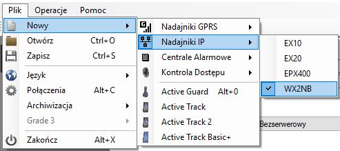 5.3.1. Plik->Nowy Otwiera nowy zestaw parametrów. Na bazie tej opcji można edytować parametry konfiguracyjne urządzenia. Należy wybrać odpowiedni typ urządzenia: WX2N