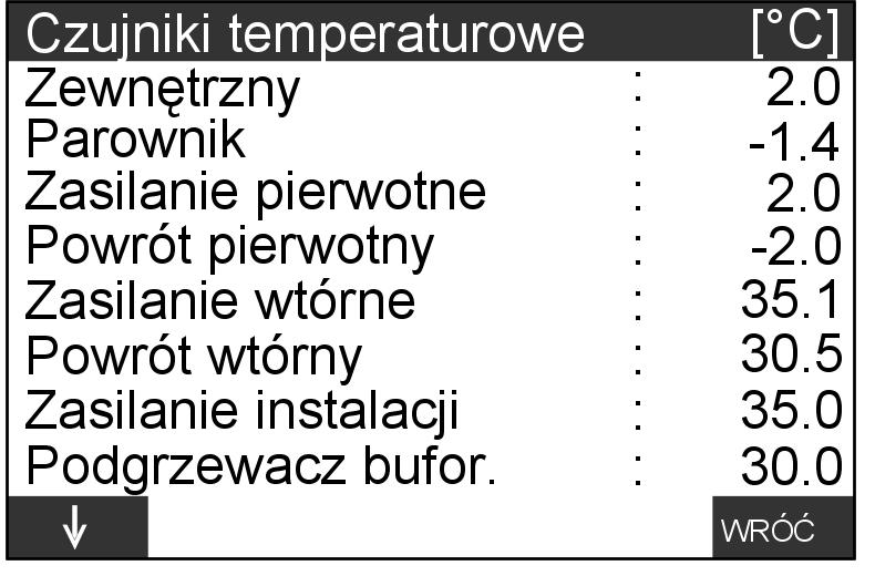 Możliwości odczytu Odczyt temperatur Można odczytać temperatury i zmiany temperatur mierzonych przez czujniki wewnętrzne lub przyłączonenazewnątrz: & Zewnętrzny & Parownik & Zasilanie pierwotne