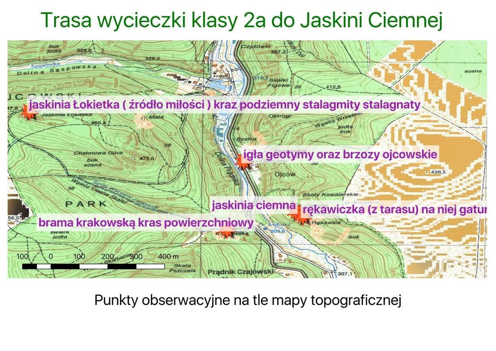 Mapa 13. Mapa topograficzna z punktami obserwacyjnymi. Wykonana w QGIS. Jaskinię Ciemną zwiedziliśmy z przewodnikiem. Po wyjściu z jaskini podziwialiśmy skałkę wapienną Rękawicę.