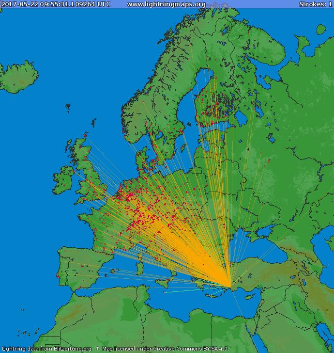 8 M. Gamracki 9:55:31 czasu UTC. Czerwone punkty na mapie oznaczają stacje detekcji.