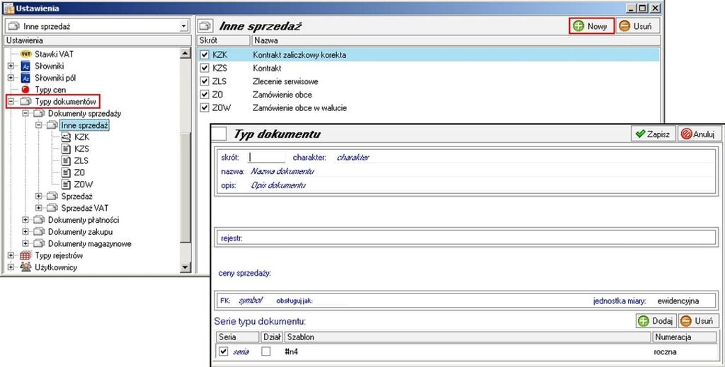 Aby zdefiniowa /doda nowy typ dokumentu przechodzimy do Ustawienia -> Typy dokumentów. Wybieramy rodzaj dokumentu i klikamy Nowy.