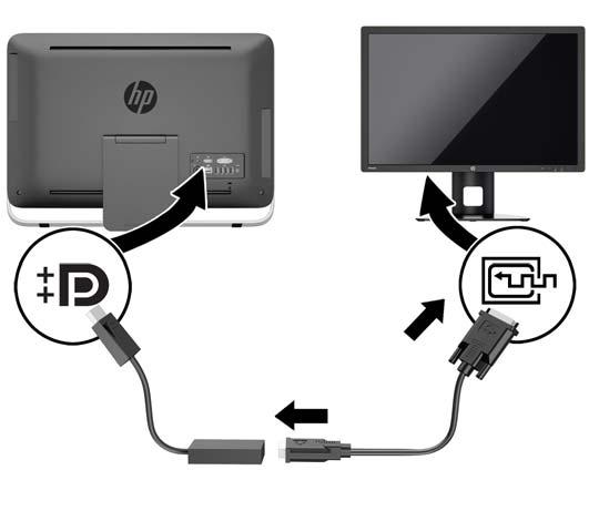 2. Jeżeli dodajesz drugi monitor ze złączem DisplayPort, podłącz jeden koniec kabla DisplayPort bezpośrednio do złącza DisplayPort tyłu komputera, a jego drugi koniec do gniazda DisplayPort drugiego