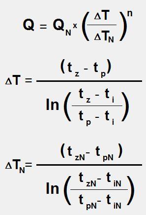 Zestawienie wzorów do dokładnego obliczania charakterystyki cieplnej Charakterystyka cieplna: Q - moc cieplna przy dowolnej temperaturze zasilania t z, powrotu t p oraz temperaturze wewnętrznej