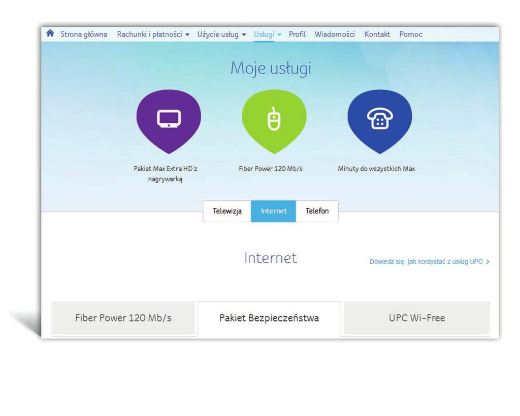 b) Wybierz Usługi, a następnie Internet.