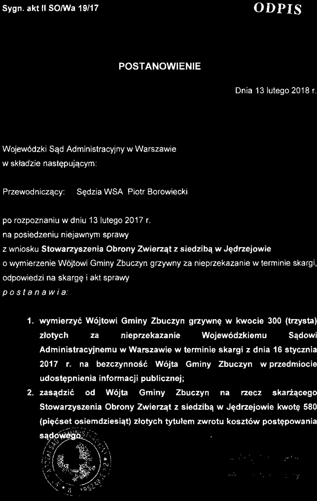 Sygn. akt II SO/Wa 19/17 ODPIS POSTANOWIENIE Dnia 13 lutego 2018 r.