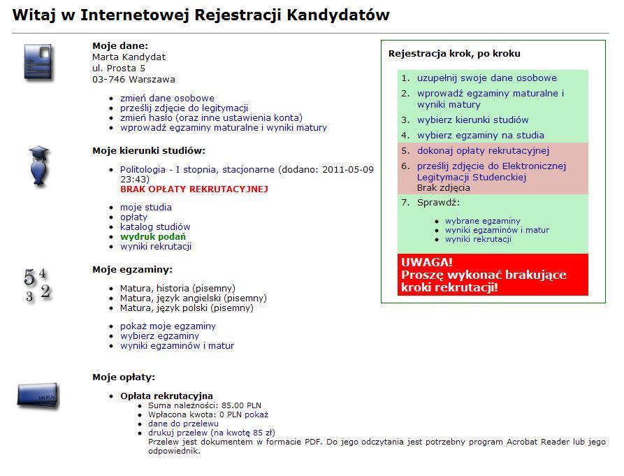 (widoczny na panelu kandydata w IRK) w terminie określonym