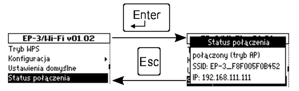 Status połączenia wejście w tę pozycję menu (rys.72) wyświetli ekran z aktualnym statusem połączenia modułu LP-1/EP-3/WiFi z siecią Wi-Fi. Rysunek 72.