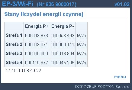 Strona Stany liczydeł energii czynnej w strefach Po wejściu na stronę Stany liczydeł energii biernej w strefach wyświetlona zostanie strona przedstawiona na rys.101.