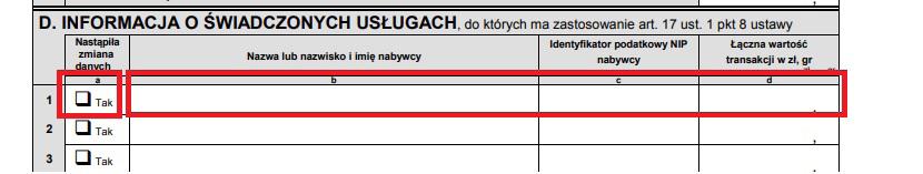 danego nabywcy, korygując informację podsumowującą obok wykazanej sprzedaży dla danego kontrahenta oznacza checbox przy polu Tak w kolumnie Nastąpiła zmiana danych.