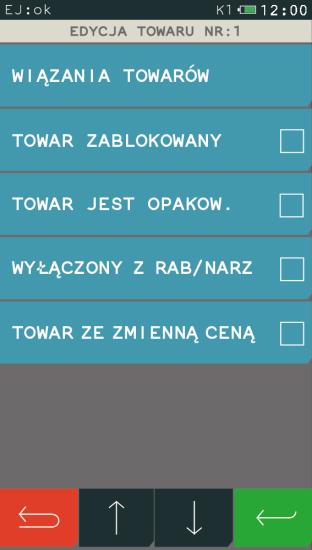 Funkcja umożliwia powiązanie towarów ze sobą (patrz WIĄZANIA TOWARÓW poniżej) Jeżeli towar jest opakowaniem zwrotnym, to należy włączyć tę opcję Jeżeli towar ma mieć możliwość zmiany ceny, to należy