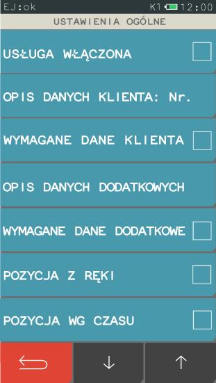 Ustawienia ogólne FUNKCJE > FUNKCJE KIEROWNIKA > KONFIGURACJA > USŁUGA CZASOWA > USTAWIENIA OGÓLNE Możliwa jest konfiguracja podstawowych parametrów usługi czasowej.